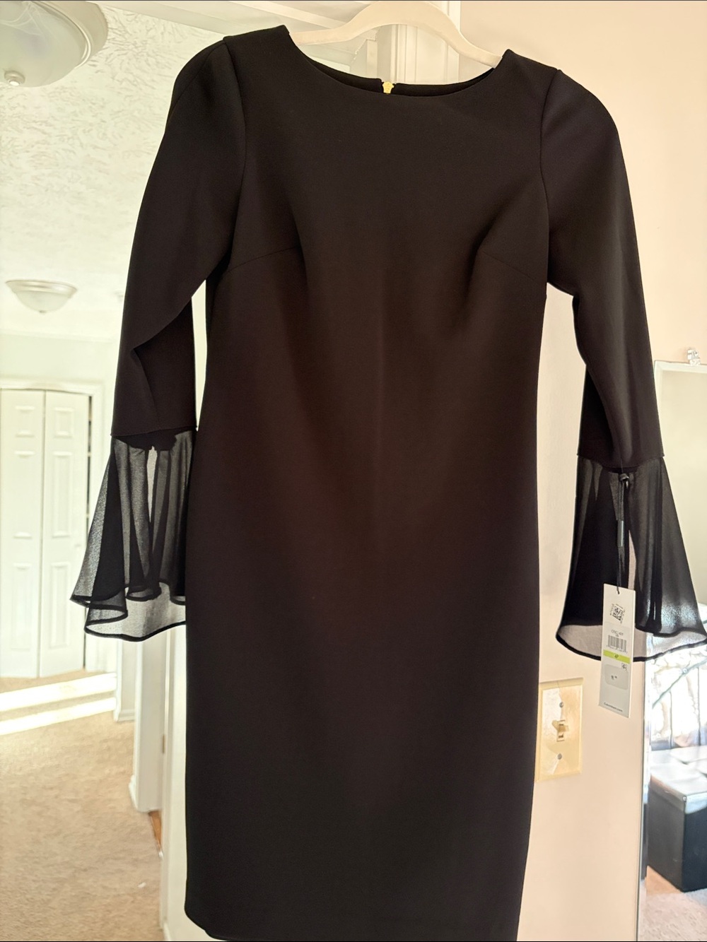 Calvin Klein Black Long-Sleeve Sheath Dress with Mesh Bell Cuffs